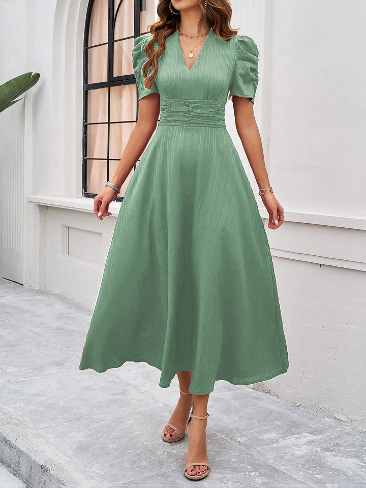 Women's A-Line Dress Textured Ruched Puff Sleeve Short Sleeve Midi Cinched Waist