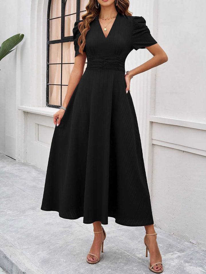 Women's A-Line Dress Textured Ruched Puff Sleeve Short Sleeve Midi Cinched Waist