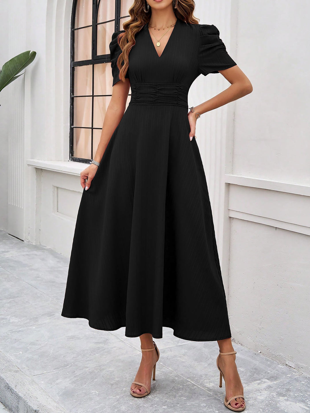 Women's A-Line Dress Textured Ruched Puff Sleeve Short Sleeve Midi Cinched Waist