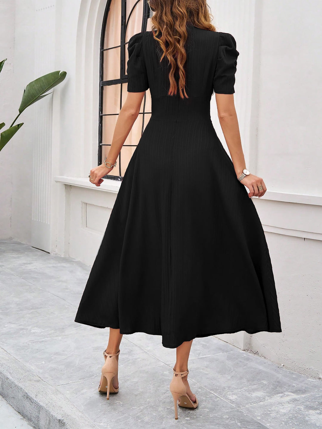 Women's A-Line Dress Textured Ruched Puff Sleeve Short Sleeve Midi Cinched Waist