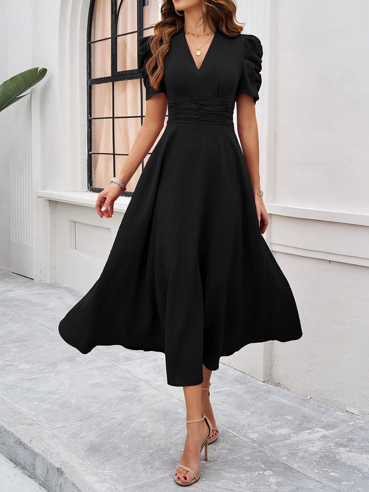 Women's A-Line Dress Textured Ruched Puff Sleeve Short Sleeve Midi Cinched Waist