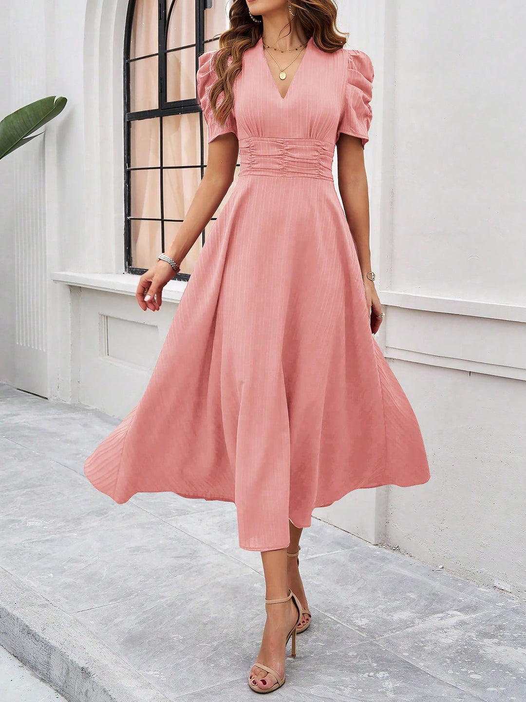 Women's A-Line Dress Textured Ruched Puff Sleeve Short Sleeve Midi Cinched Waist