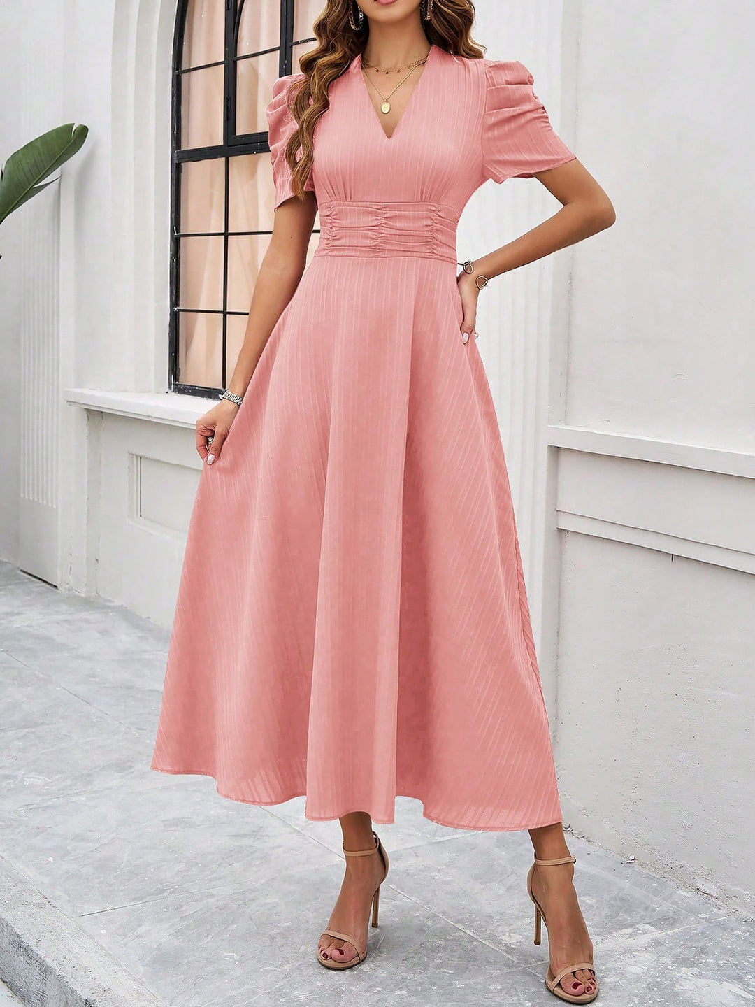 Women's A-Line Dress Textured Ruched Puff Sleeve Short Sleeve Midi Cinched Waist