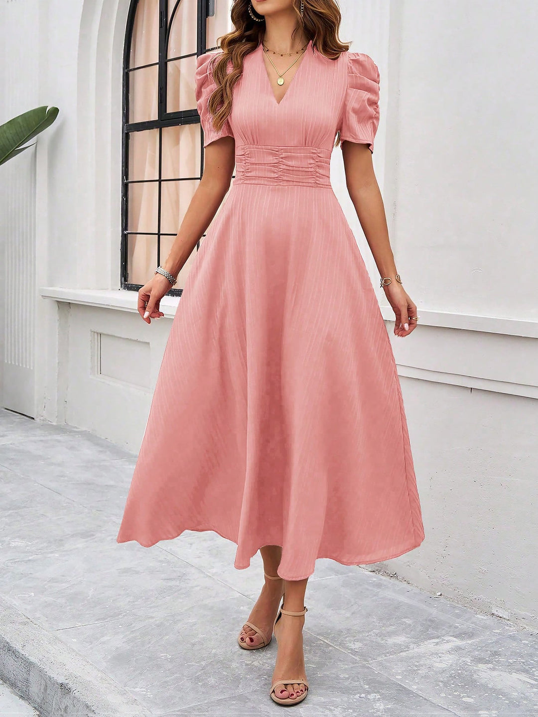 Women's A-Line Dress Textured Ruched Puff Sleeve Short Sleeve Midi Cinched Waist