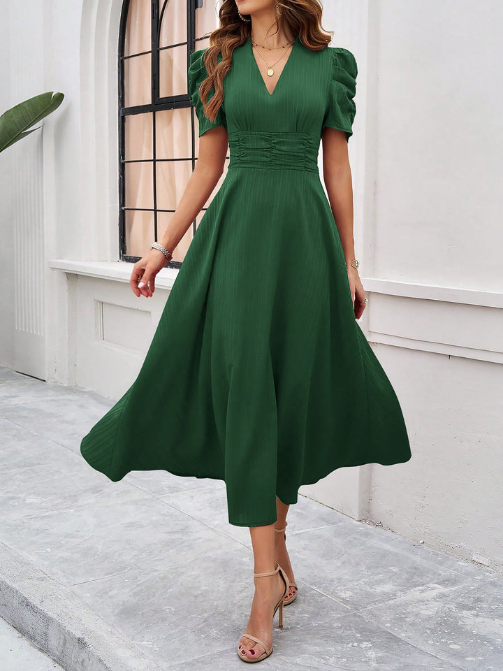 Women's A-Line Dress Textured Ruched Puff Sleeve Short Sleeve Midi Cinched Waist