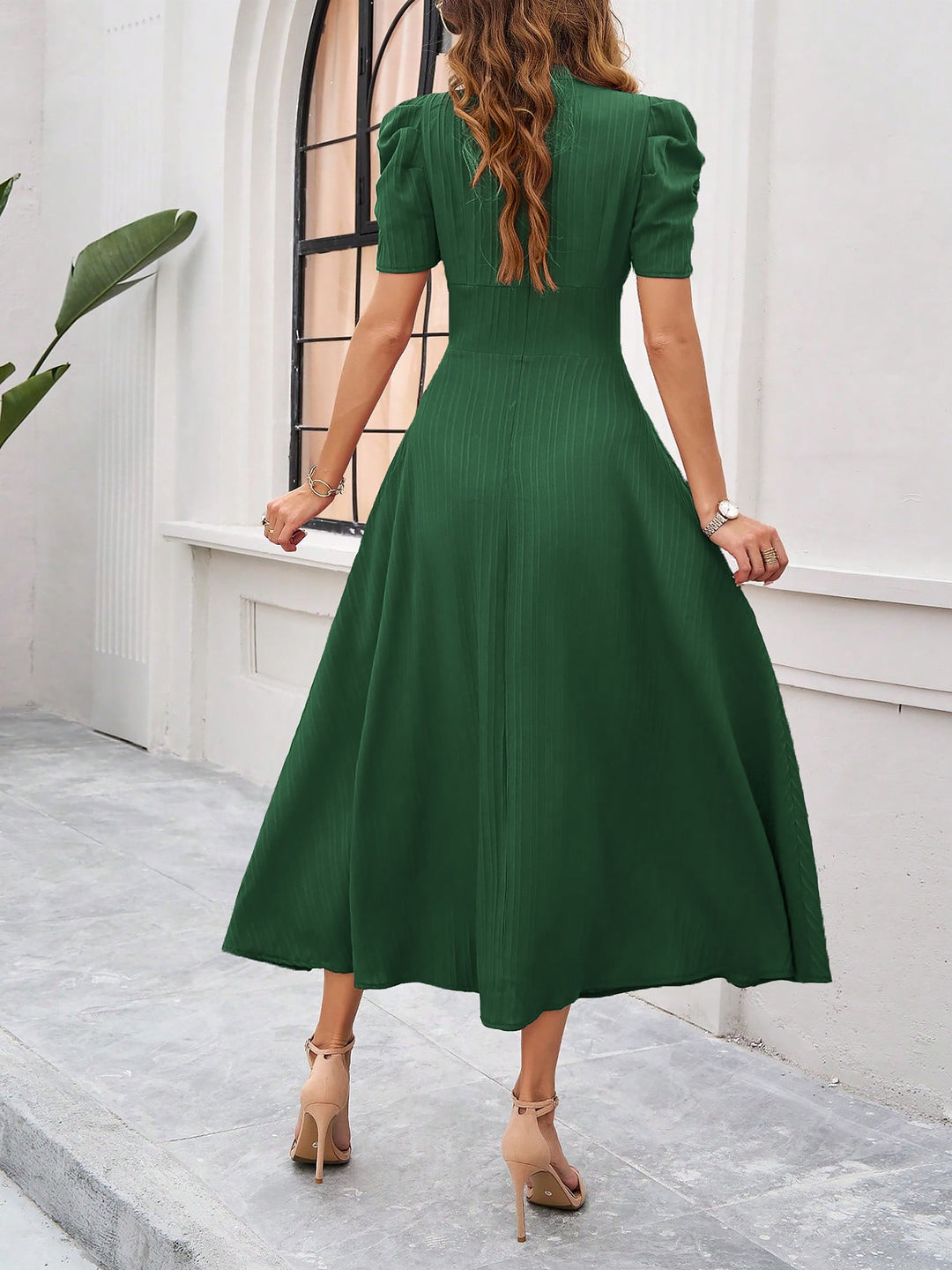 Women's A-Line Dress Textured Ruched Puff Sleeve Short Sleeve Midi Cinched Waist