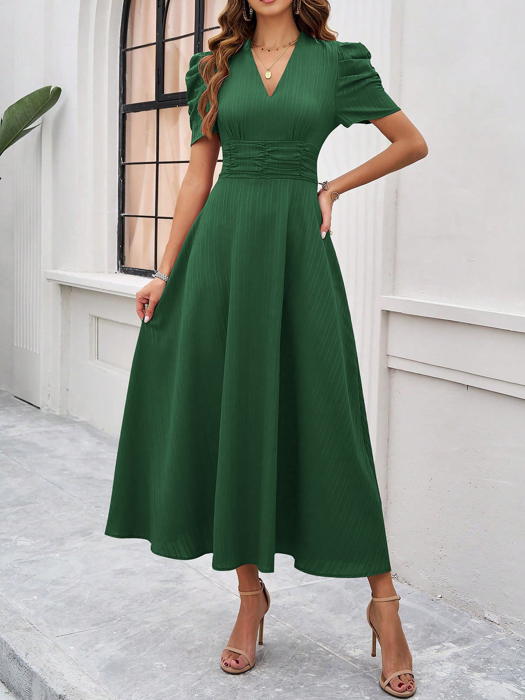 Women's A-Line Dress Textured Ruched Puff Sleeve Short Sleeve Midi Cinched Waist