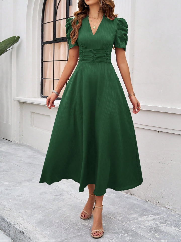 Women's A-Line Dress Textured Ruched Puff Sleeve Short Sleeve Midi Cinched Waist