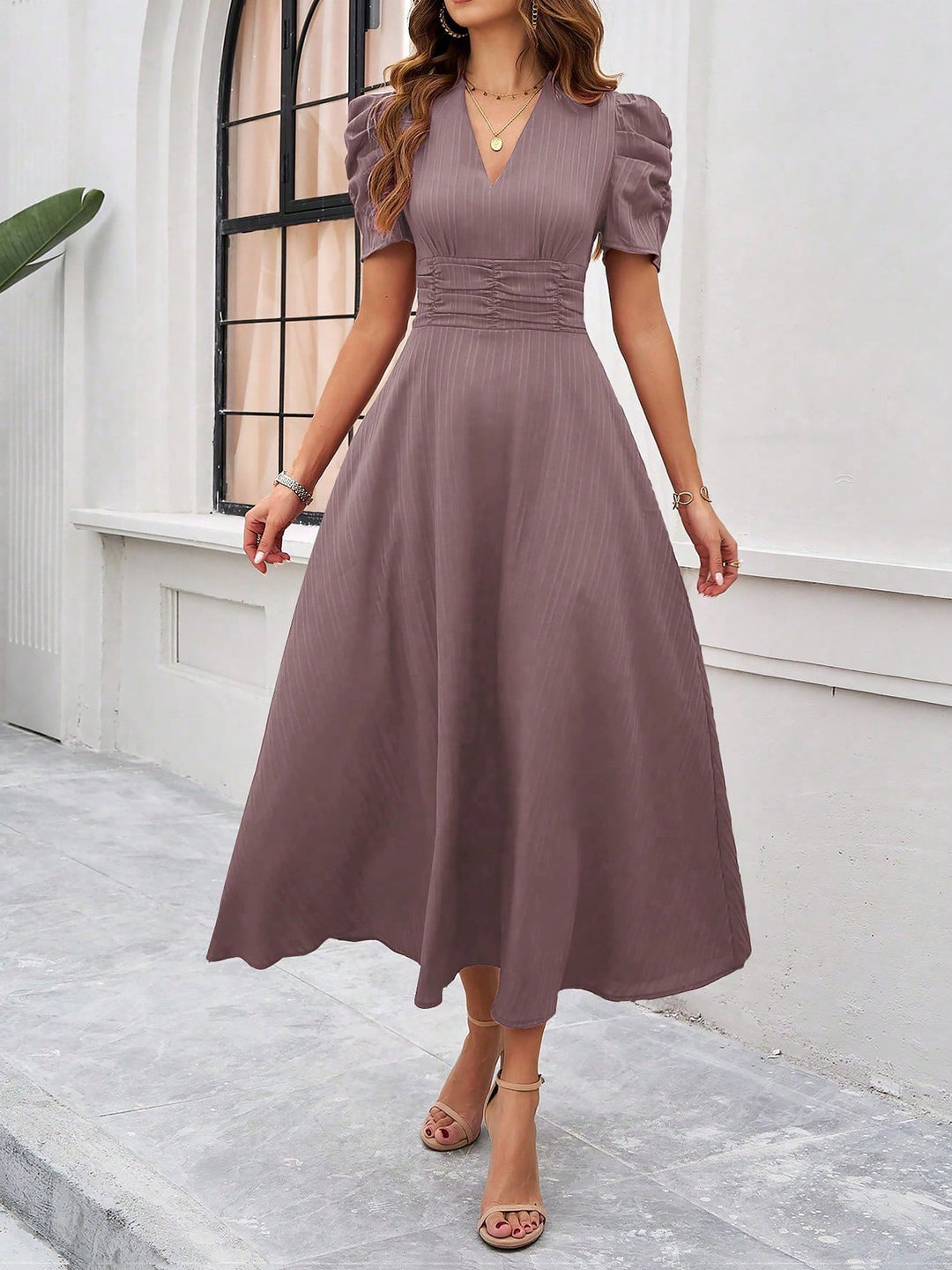 Women's A-Line Dress Textured Ruched Puff Sleeve Short Sleeve Midi Cinched Waist