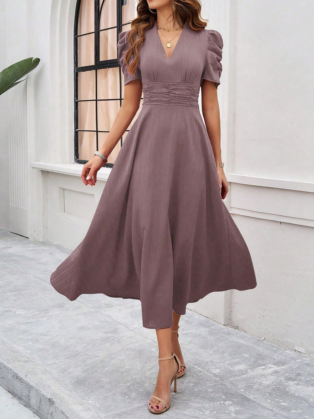 Women's A-Line Dress Textured Ruched Puff Sleeve Short Sleeve Midi Cinched Waist