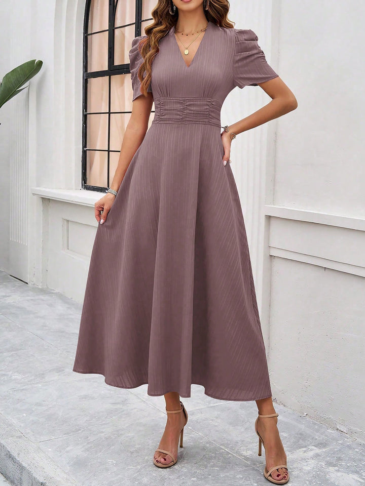 Women's A-Line Dress Textured Ruched Puff Sleeve Short Sleeve Midi Cinched Waist