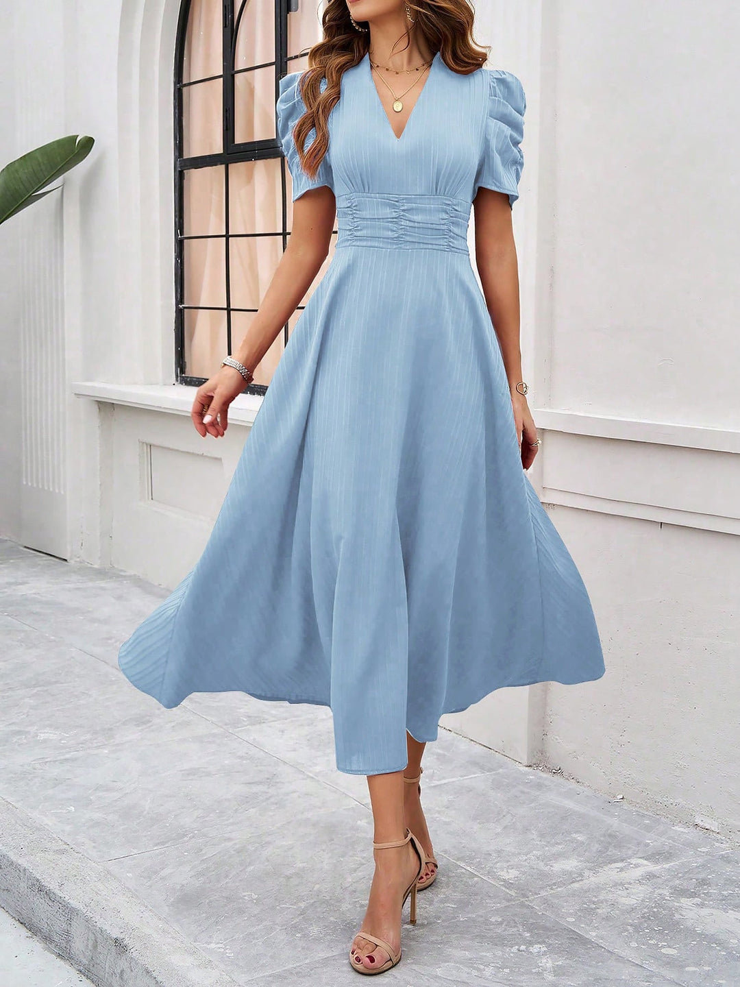 Women's A-Line Dress Textured Ruched Puff Sleeve Short Sleeve Midi Cinched Waist