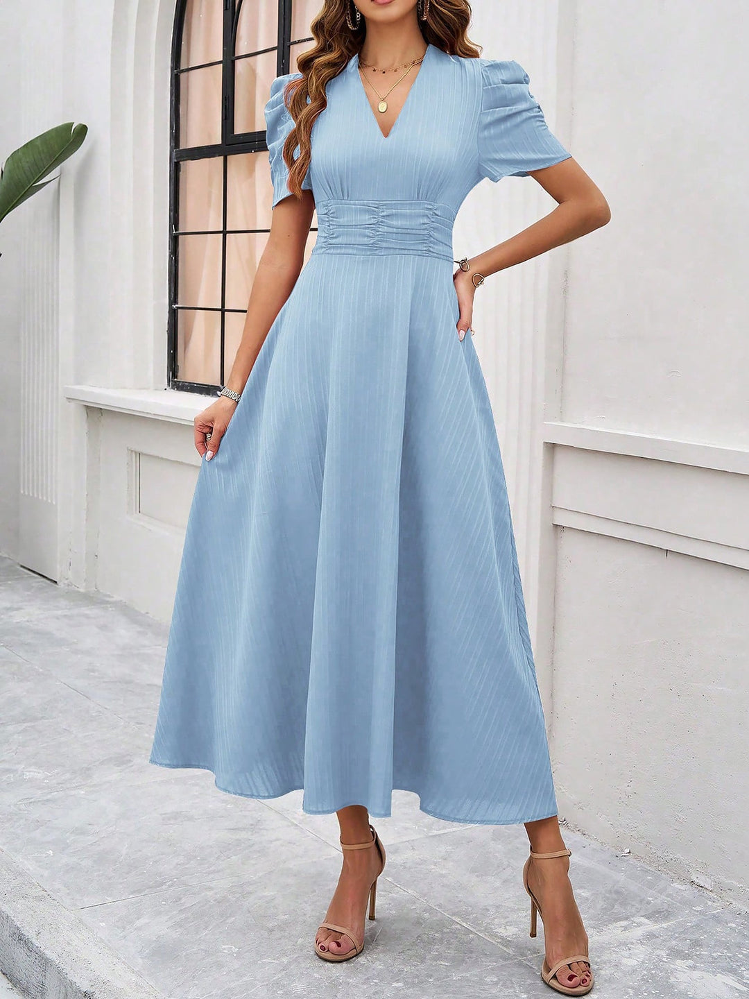 Women's A-Line Dress Textured Ruched Puff Sleeve Short Sleeve Midi Cinched Waist