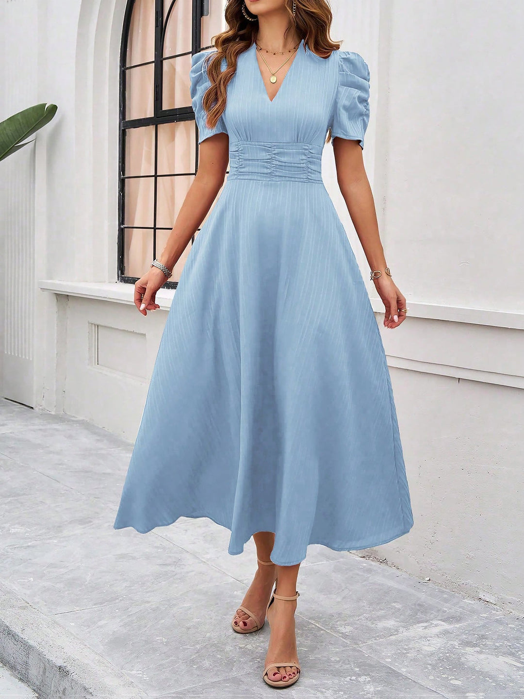 Women's A-Line Dress Textured Ruched Puff Sleeve Short Sleeve Midi Cinched Waist