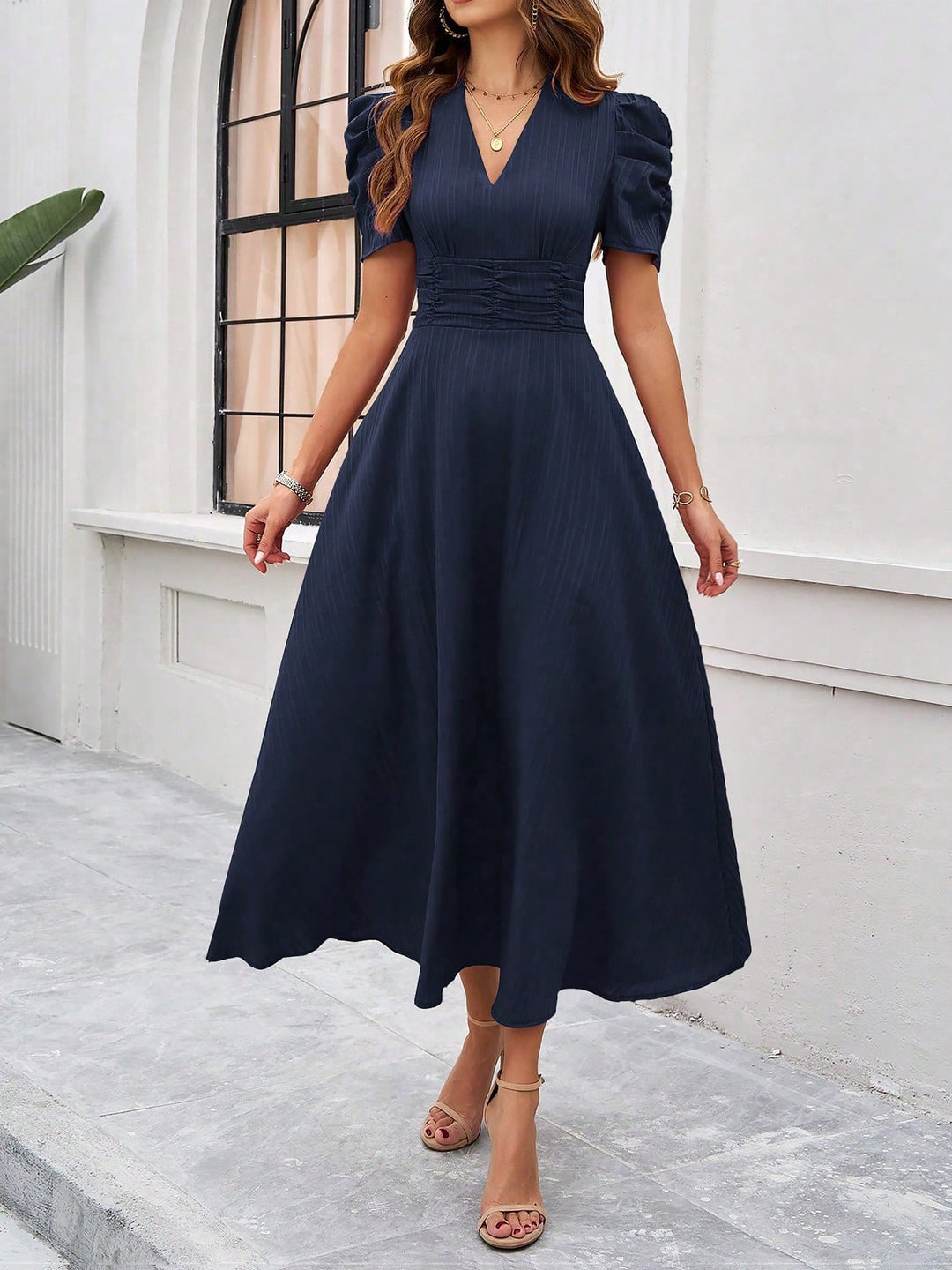Women's A-Line Dress Textured Ruched Puff Sleeve Short Sleeve Midi Cinched Waist