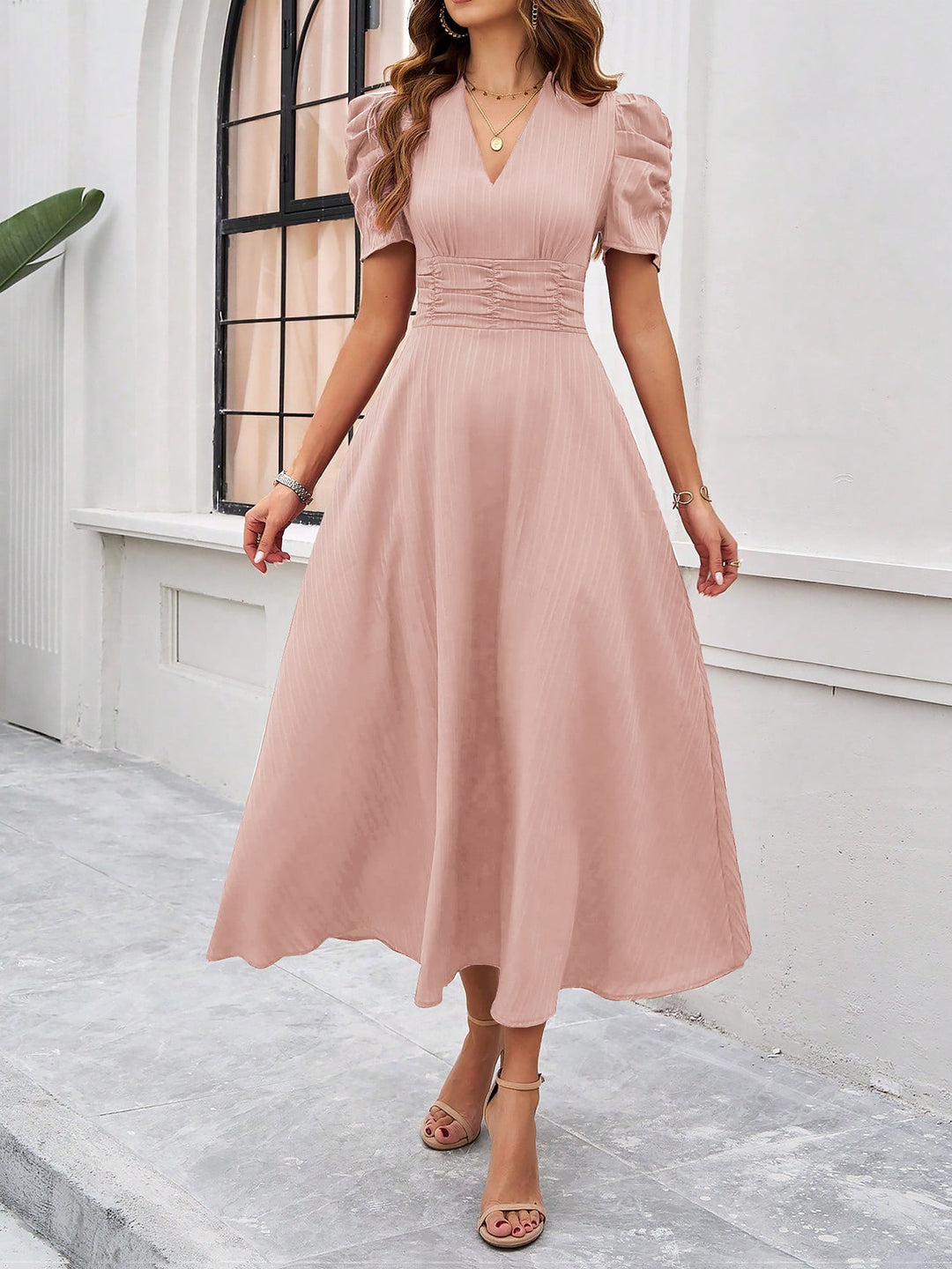 Women's A-Line Dress Textured Ruched Puff Sleeve Short Sleeve Midi Cinched Waist