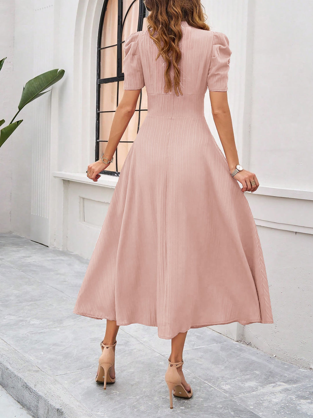 Women's A-Line Dress Textured Ruched Puff Sleeve Short Sleeve Midi Cinched Waist
