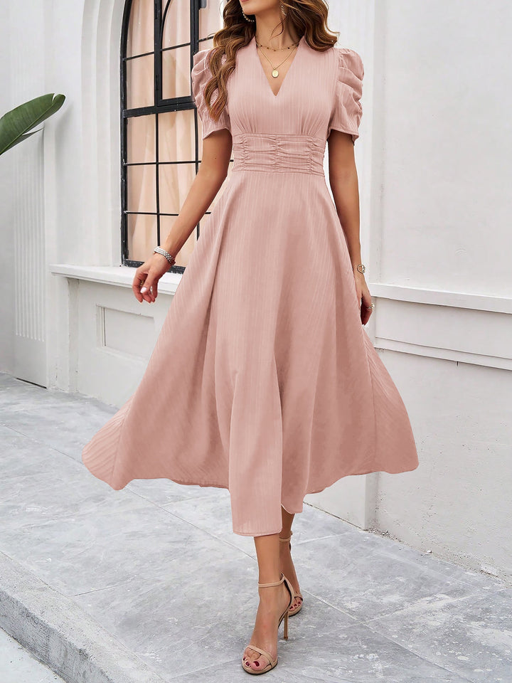 Women's A-Line Dress Textured Ruched Puff Sleeve Short Sleeve Midi Cinched Waist