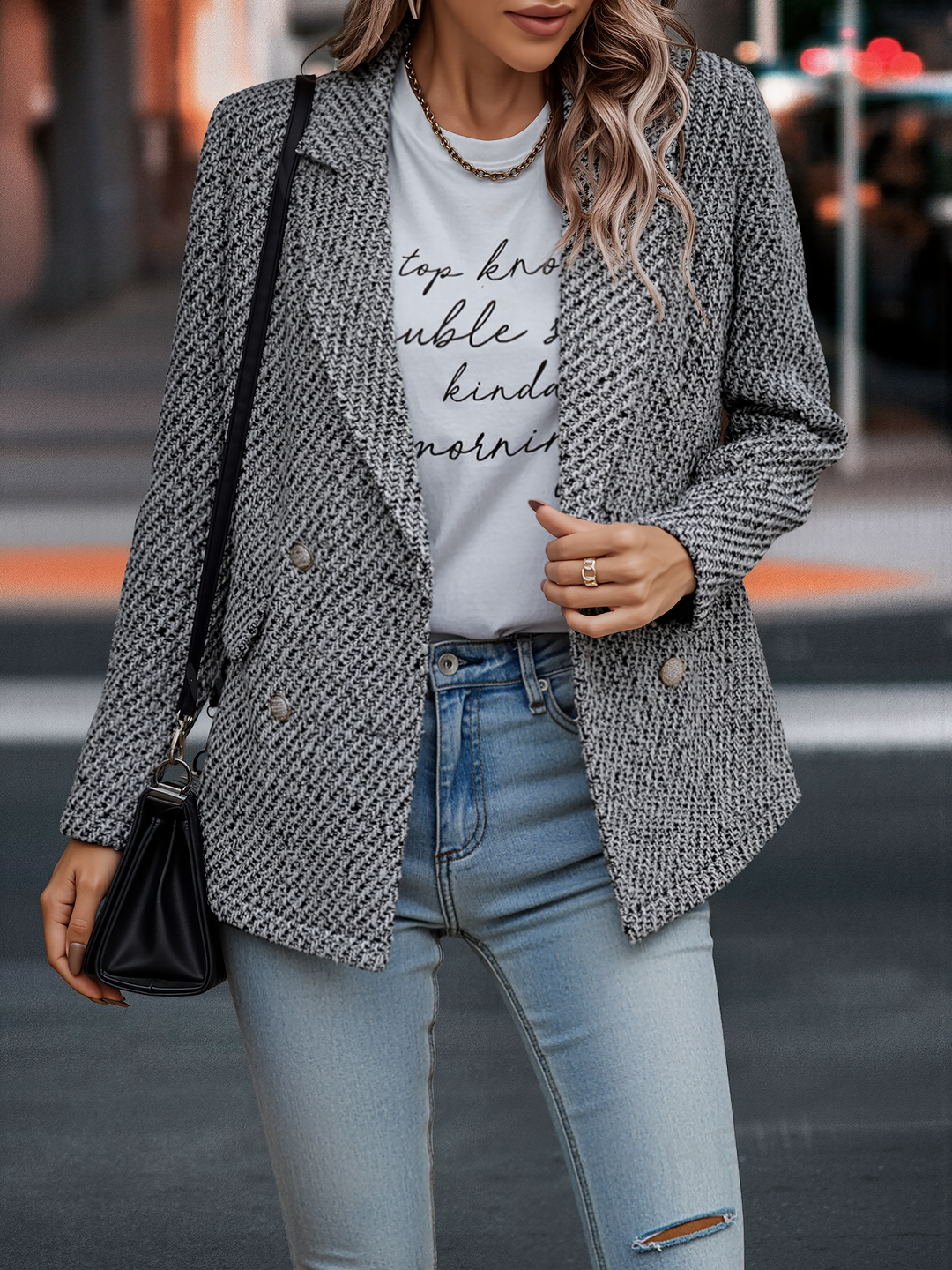 Women's Blazer Tweed Double-Breasted Notched Lapel Long Sleeve Regular Fit