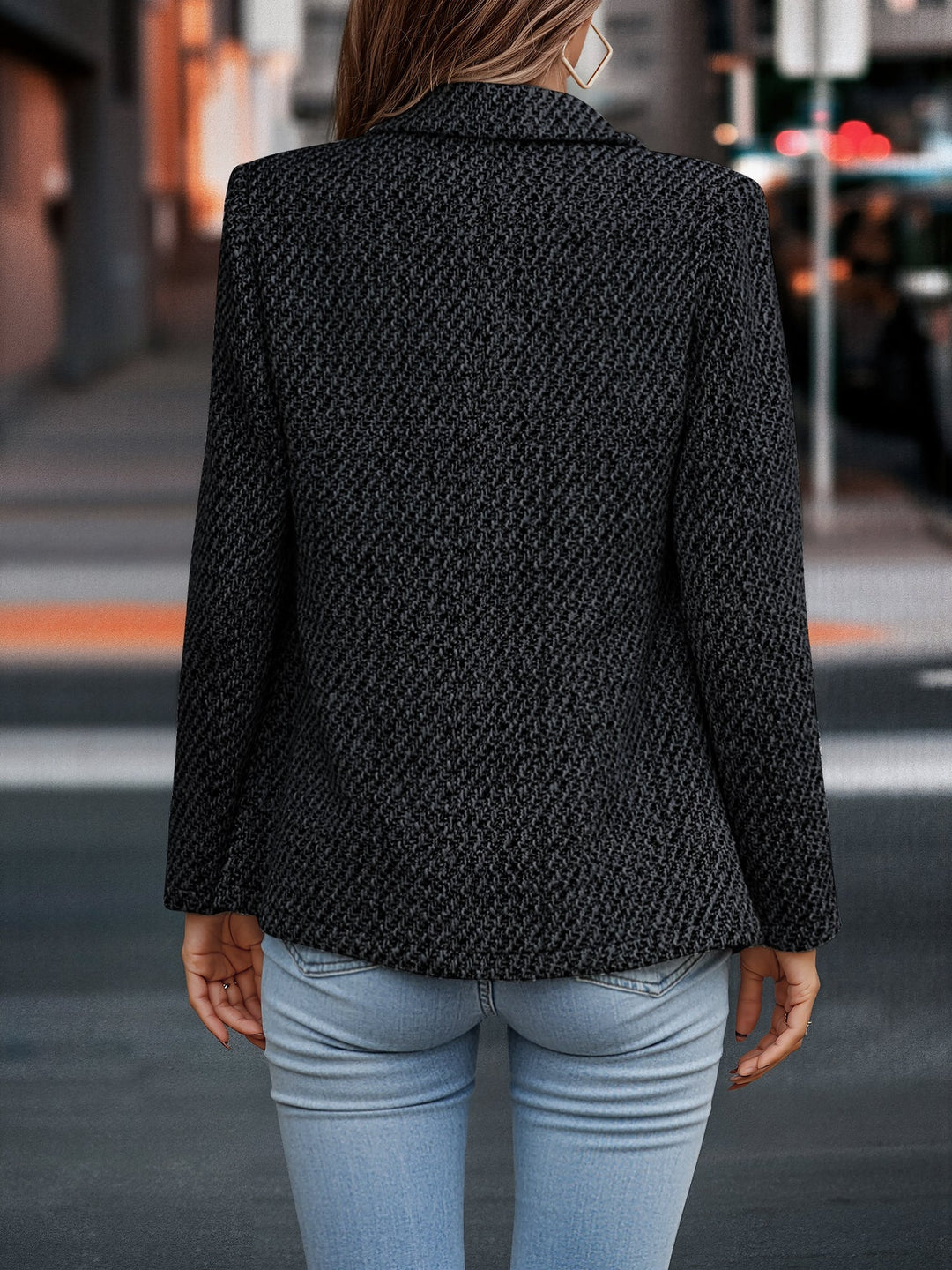 Women's Blazer Tweed Double-Breasted Notched Lapel Long Sleeve Regular Fit