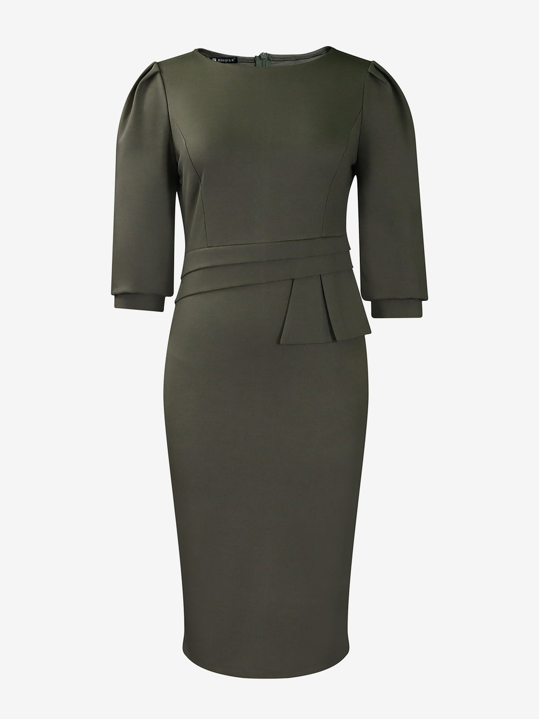Women's Sheath Dress Bodycon Ruched Puff Sleeve Midi Slim Fit Round Neck