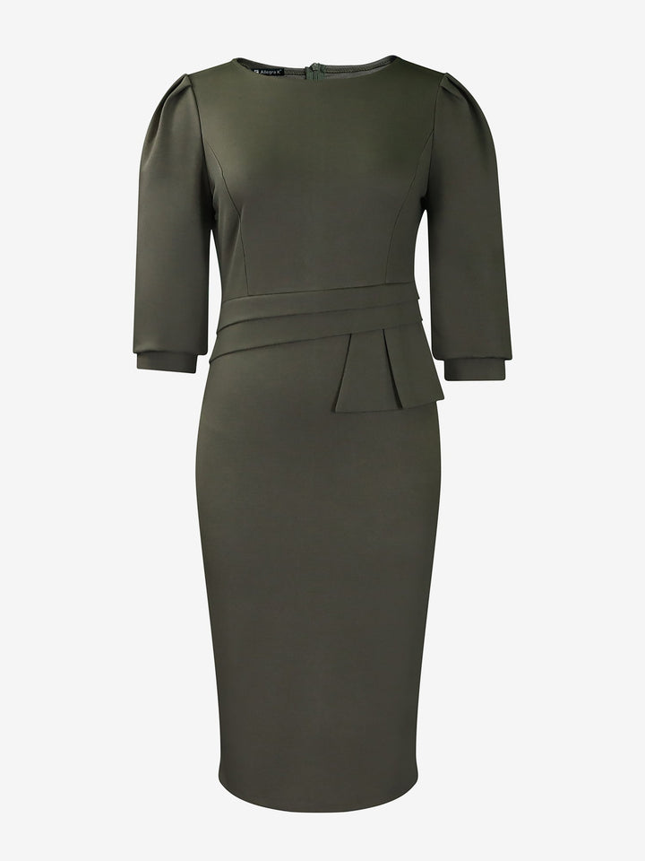 Women's Sheath Dress Bodycon Ruched Puff Sleeve Midi Slim Fit Round Neck