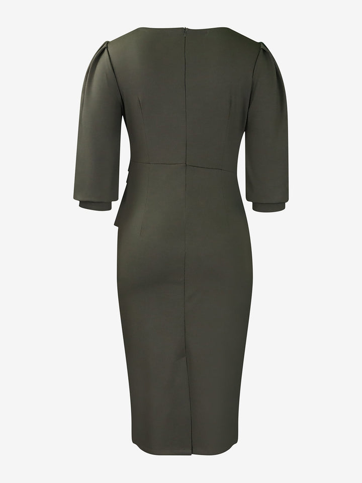 Women's Sheath Dress Bodycon Ruched Puff Sleeve Midi Slim Fit Round Neck