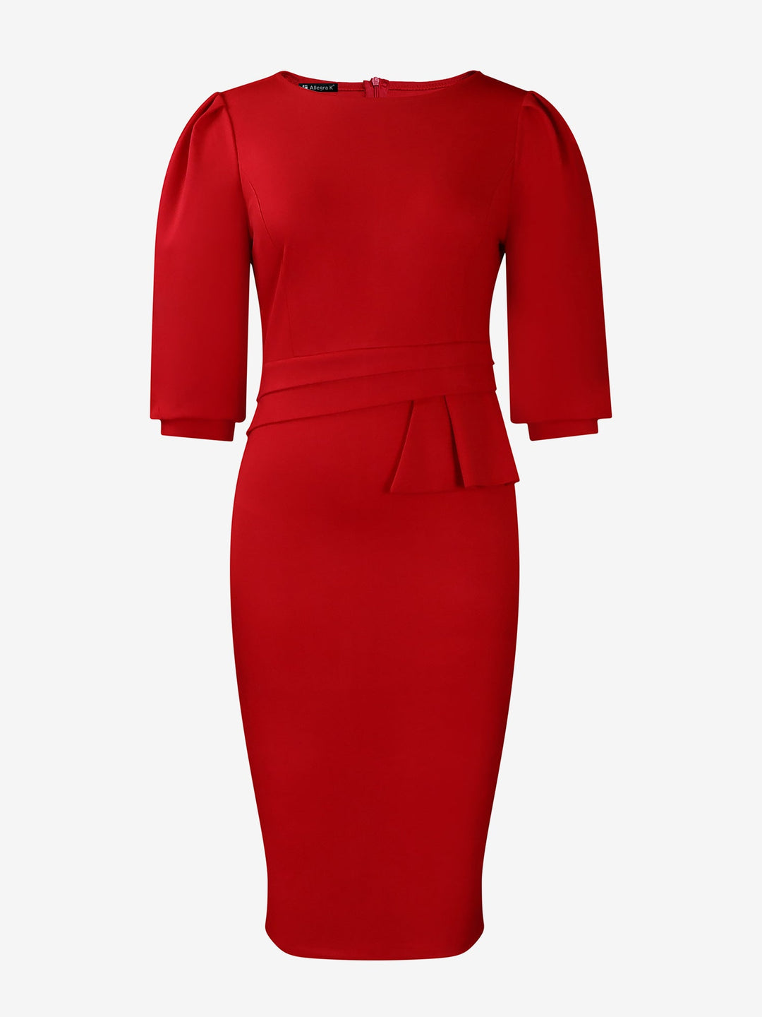 Women's Sheath Dress Bodycon Ruched Puff Sleeve Midi Slim Fit Round Neck