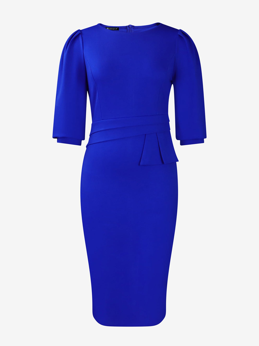 Women's Sheath Dress Bodycon Ruched Puff Sleeve Midi Slim Fit Round Neck