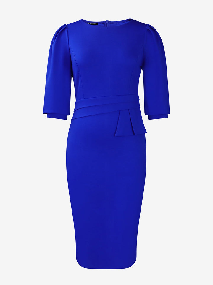 Women's Sheath Dress Bodycon Ruched Puff Sleeve Midi Slim Fit Round Neck