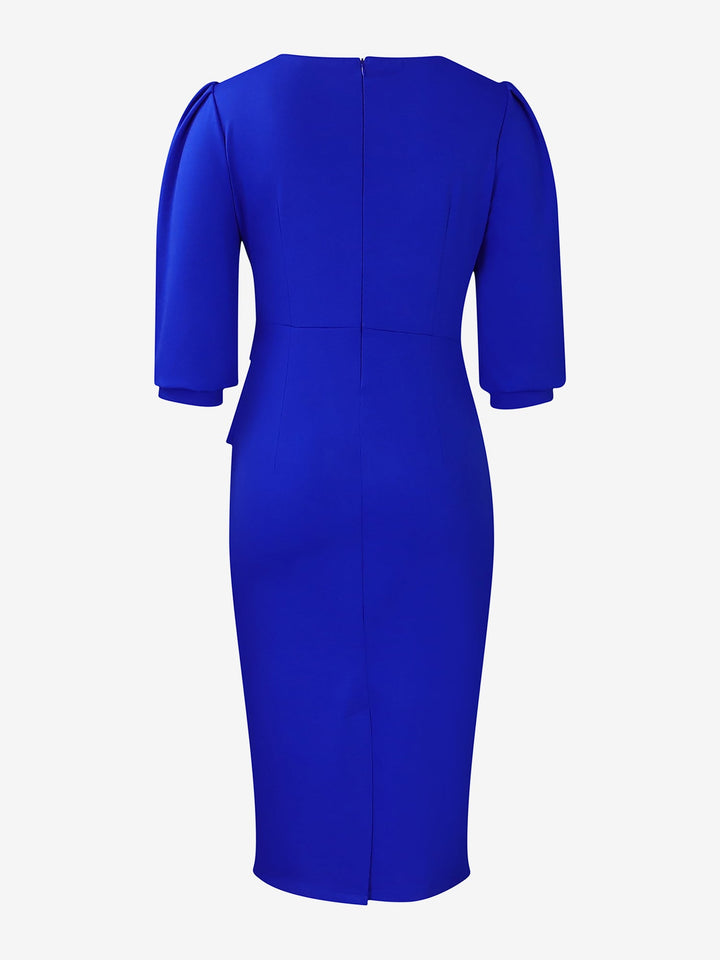 Women's Sheath Dress Bodycon Ruched Puff Sleeve Midi Slim Fit Round Neck