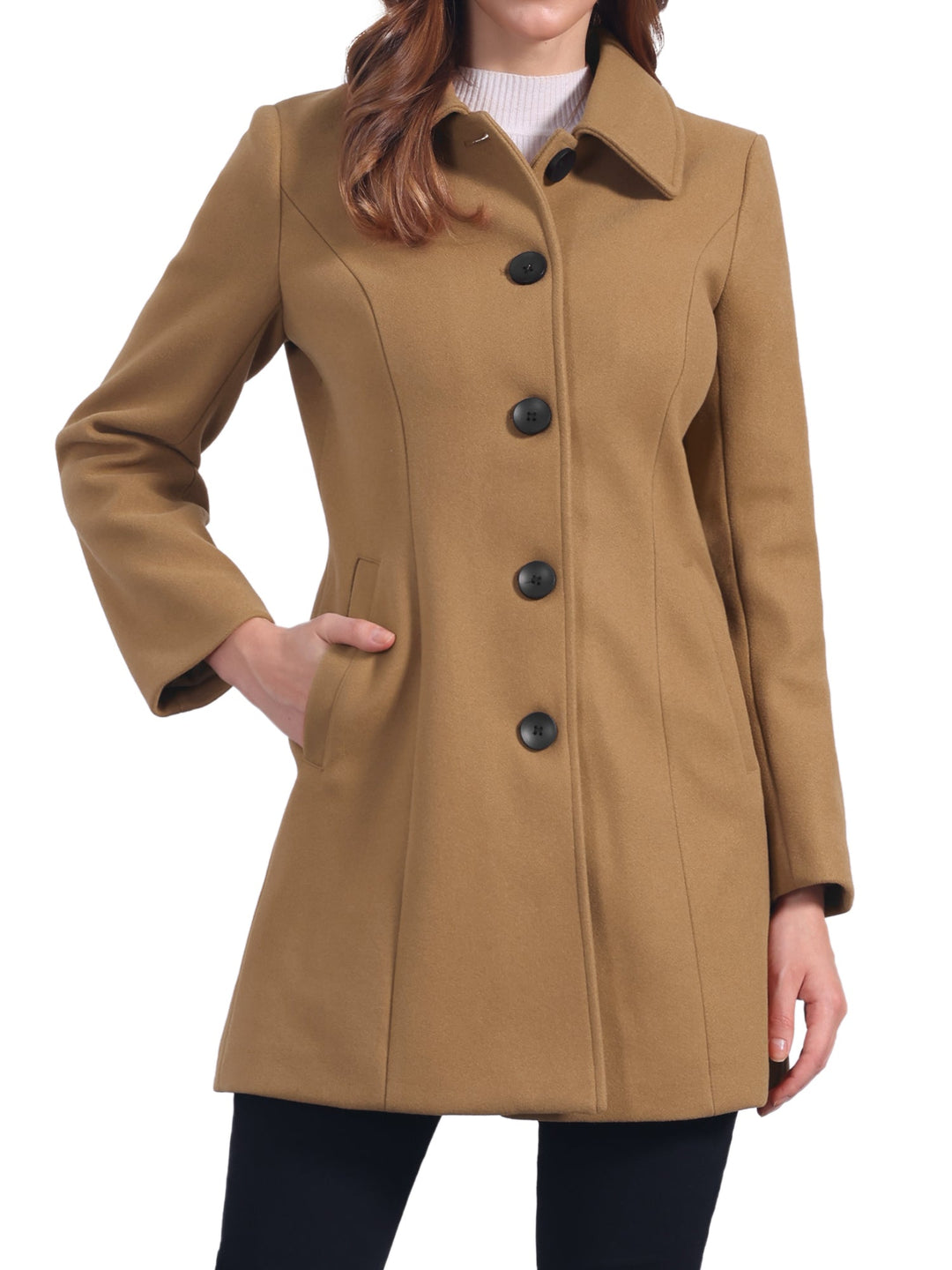 Women's Pea Coat Solid Single-Breasted Long Sleeve Regular Fit Mid Length