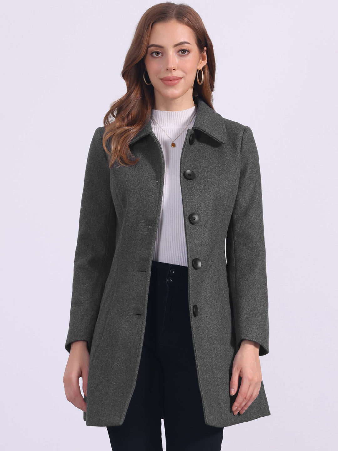 Women's Pea Coat Solid Single-Breasted Long Sleeve Regular Fit Mid Length