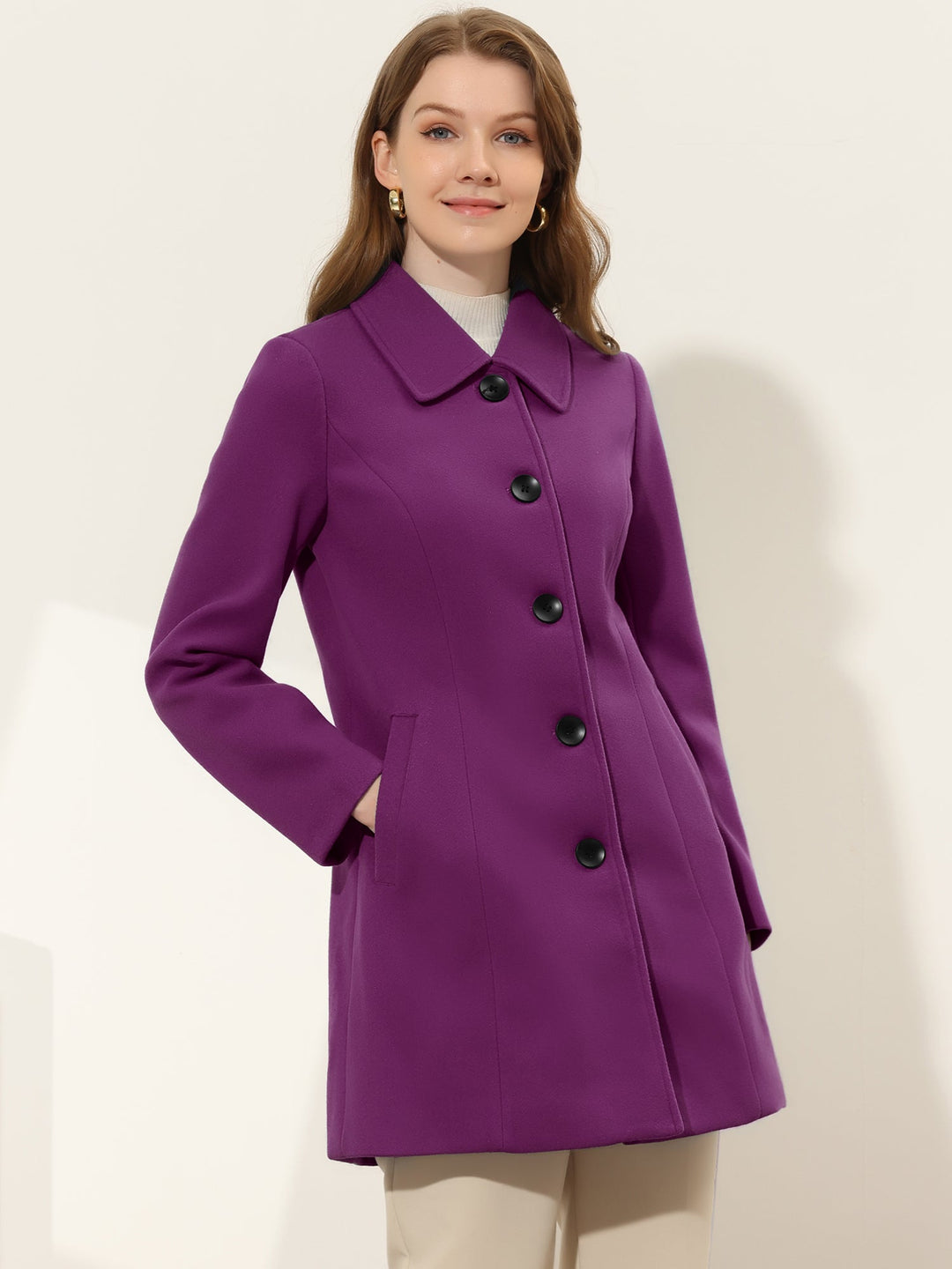 Women's Pea Coat Solid Single-Breasted Long Sleeve Regular Fit Mid Length