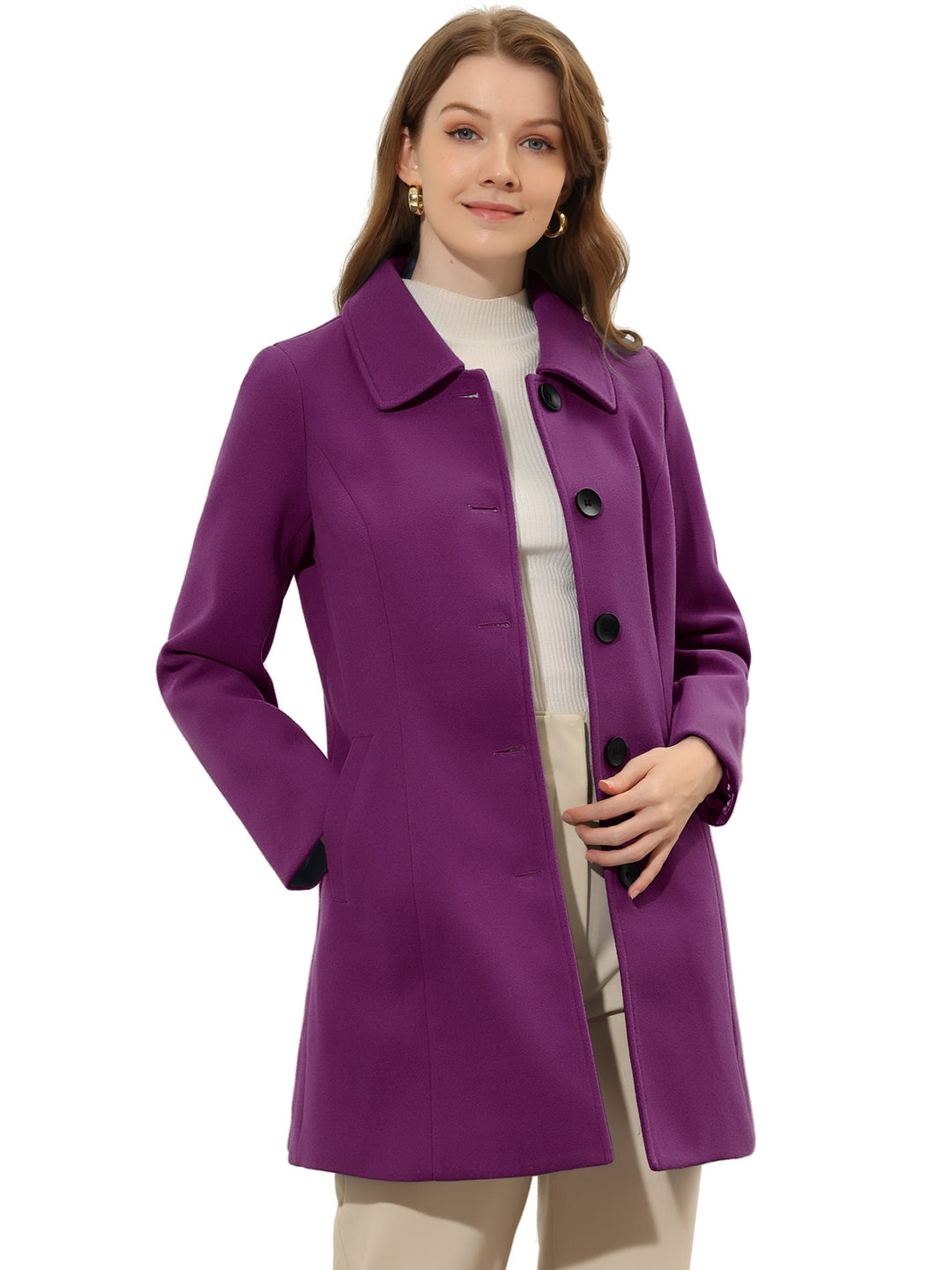 Women's Pea Coat Solid Single-Breasted Long Sleeve Regular Fit Mid Length