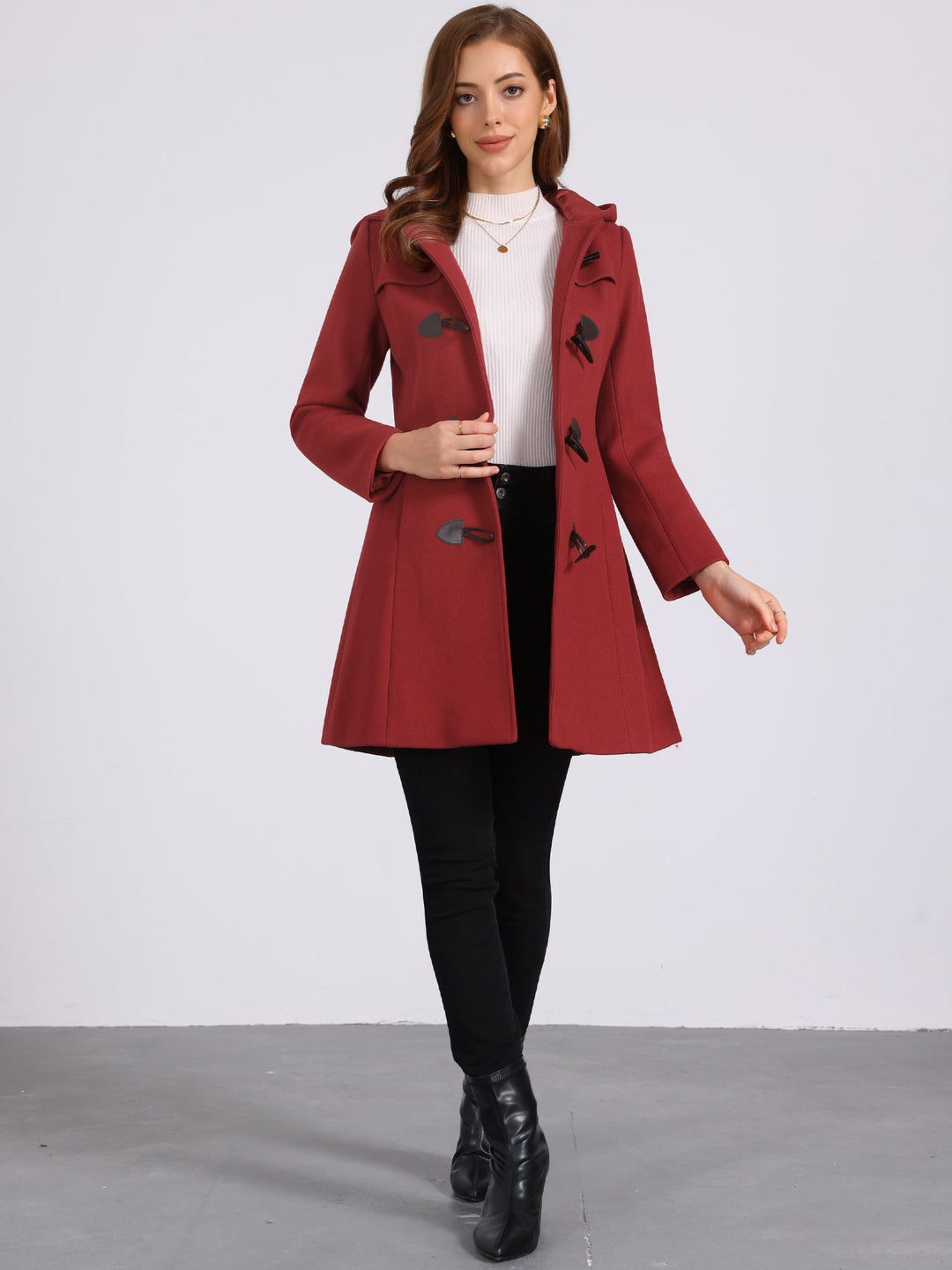 Women's Duffle Coat Hooded Toggle Button-Up Long Sleeve Winter