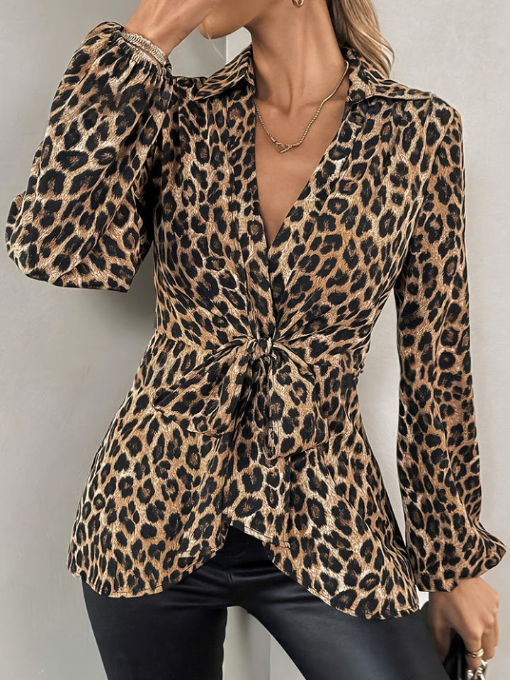 Women's Blouse Leopard Print Button-Up Long Sleeve Regular Fit V-Neck