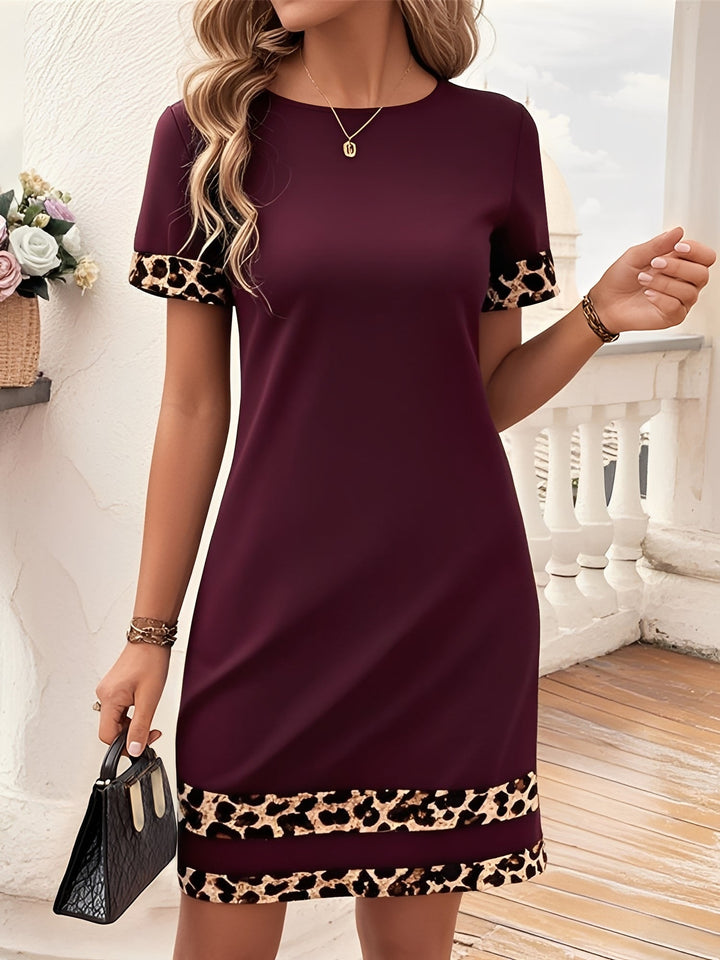 Women's T-Shirt Dress Leopard Print Patchwork Short Sleeve Boat Neck Midi