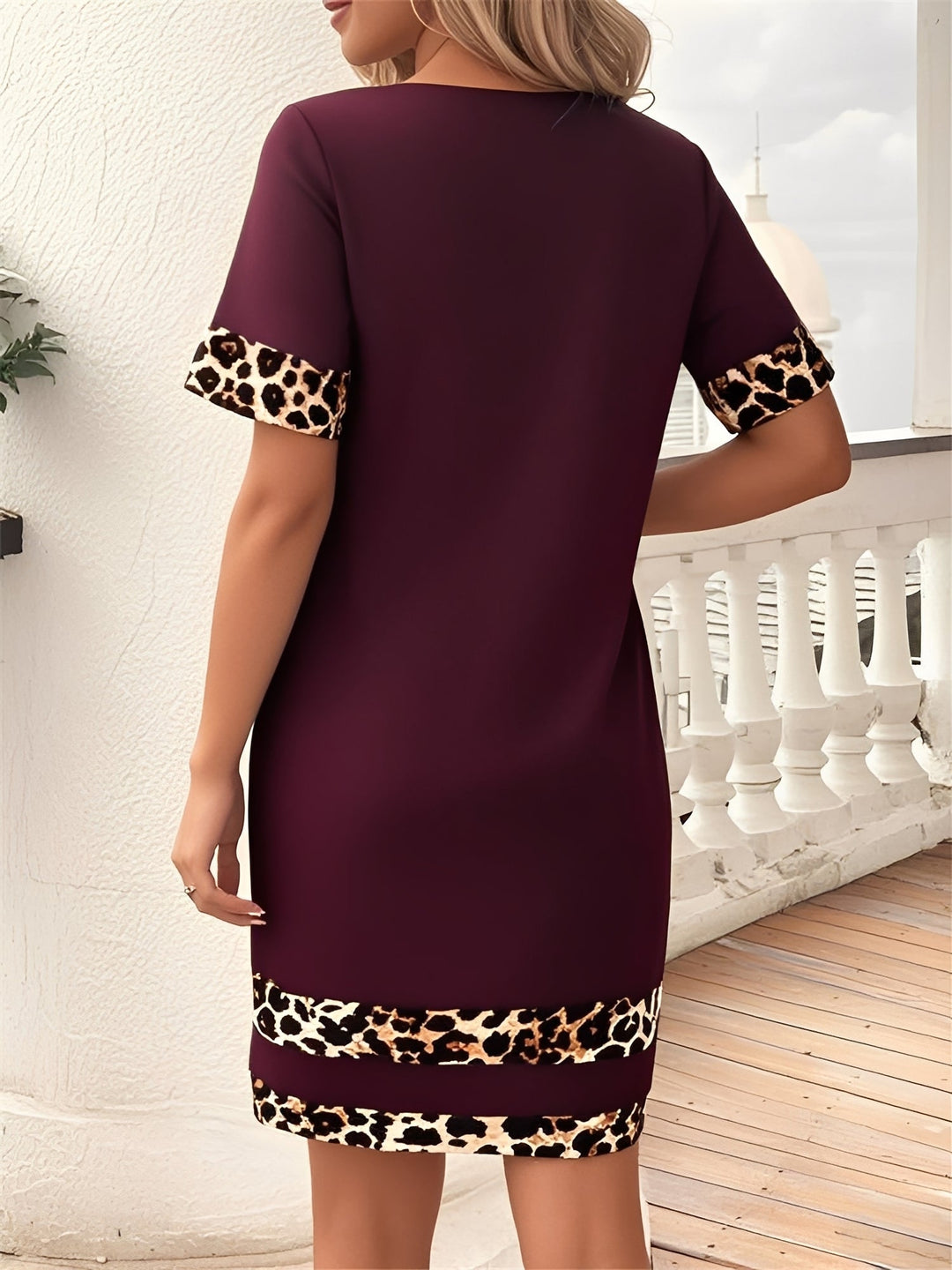 Women's T-Shirt Dress Leopard Print Patchwork Short Sleeve Boat Neck Midi